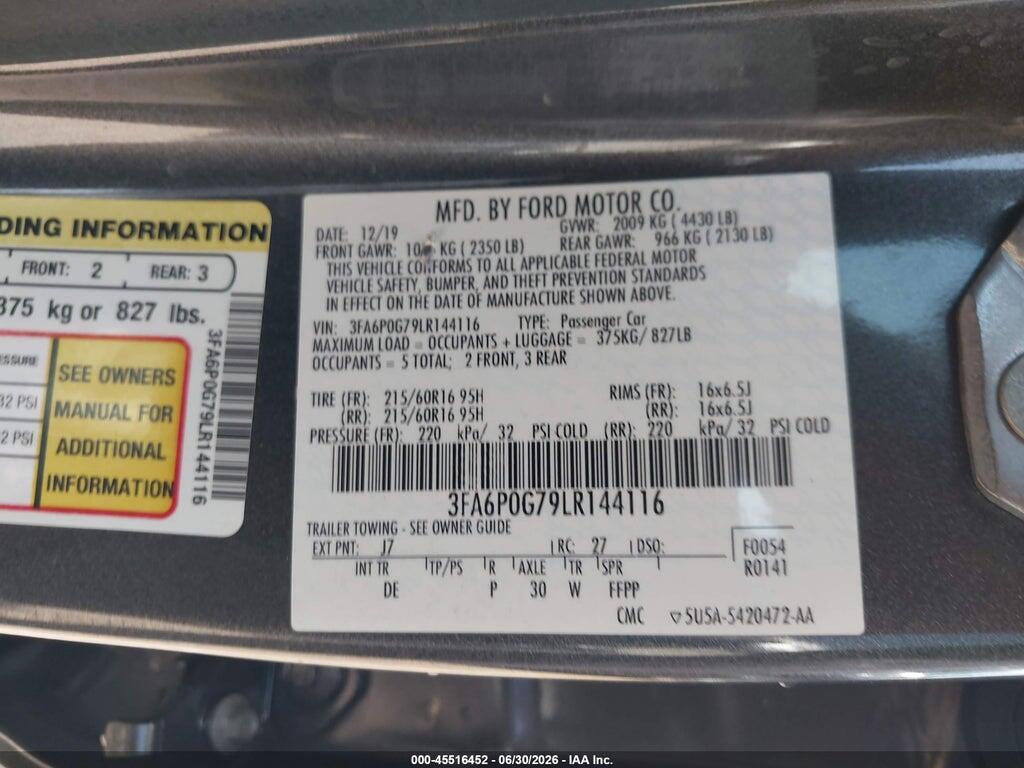 3FA6P0G79LR144116 2020 FORD FUSION photo no. 9