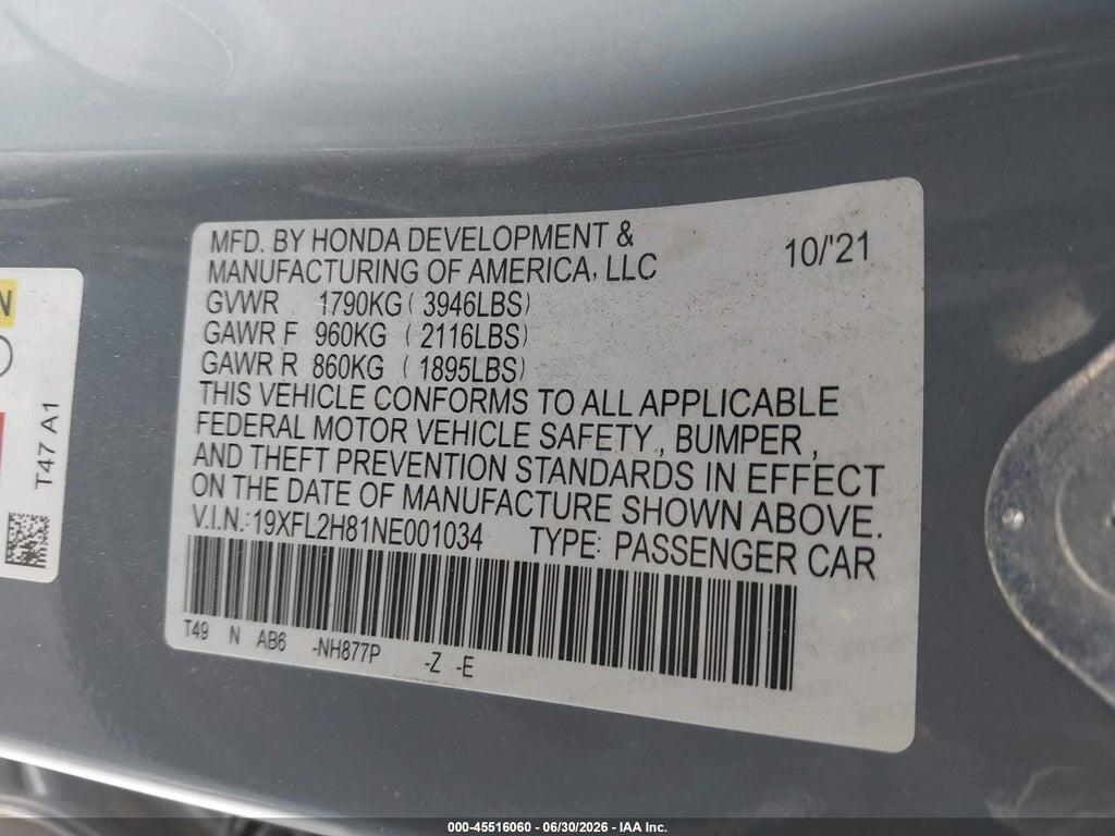 19XFL2H81NE001034 2022 HONDA CIVIC photo no. 9