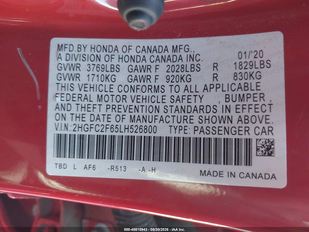 2HGFC2F65LH526800 2020 HONDA CIVIC photo no. 9