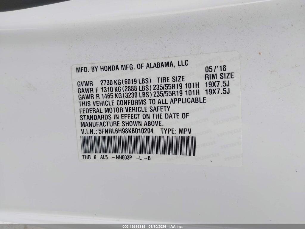 5FNRL6H98KB010204 2019 HONDA ODYSSEY photo no. 9