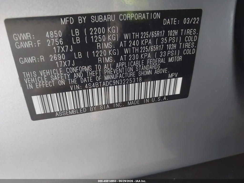 4S4BTADC9N3225318 2022 SUBARU OUTBACK photo no. 9