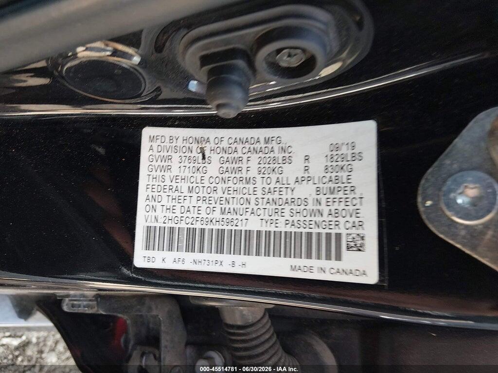 2HGFC2F69KH596217 2019 HONDA CIVIC photo no. 9