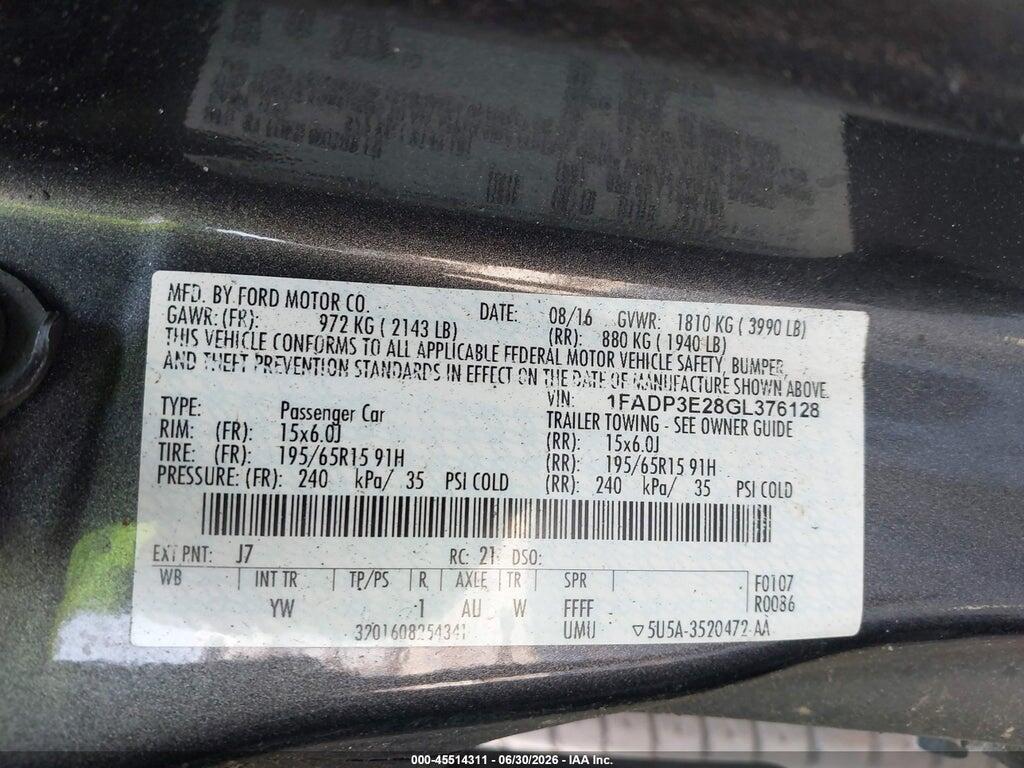 1FADP3E28GL376128 2016 FORD FOCUS photo no. 9