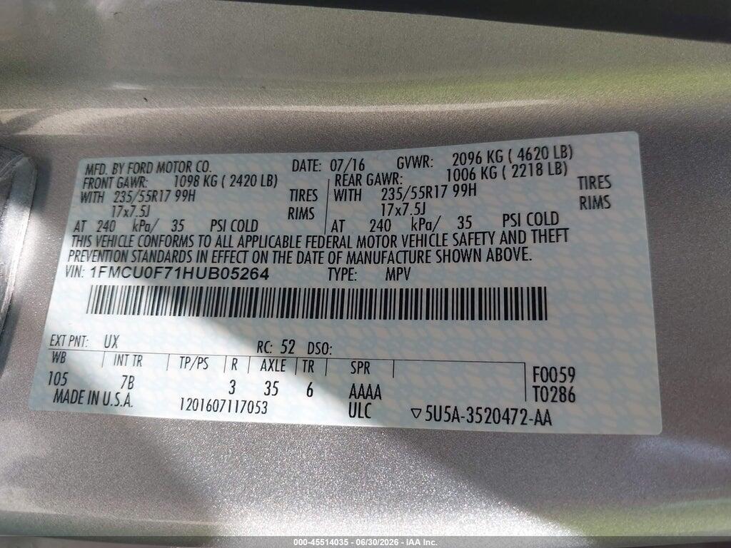 1FMCU0F71HUB05264 2017 FORD ESCAPE photo no. 9