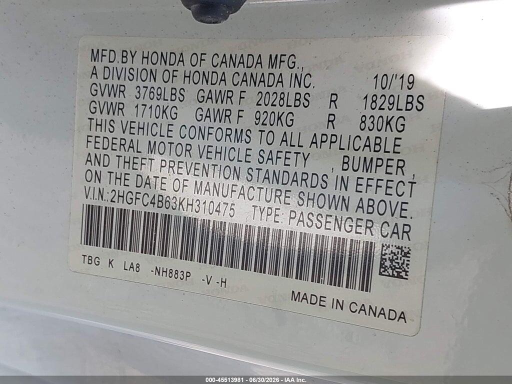 2HGFC4B63KH310475 2019 HONDA CIVIC photo no. 9