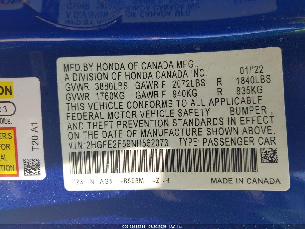 2HGFE2F59NH562073 2022 HONDA CIVIC photo no. 9