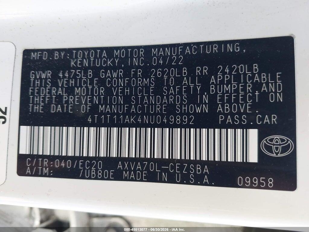 4T1T11AK4NU049892 2022 TOYOTA CAMRY photo no. 9