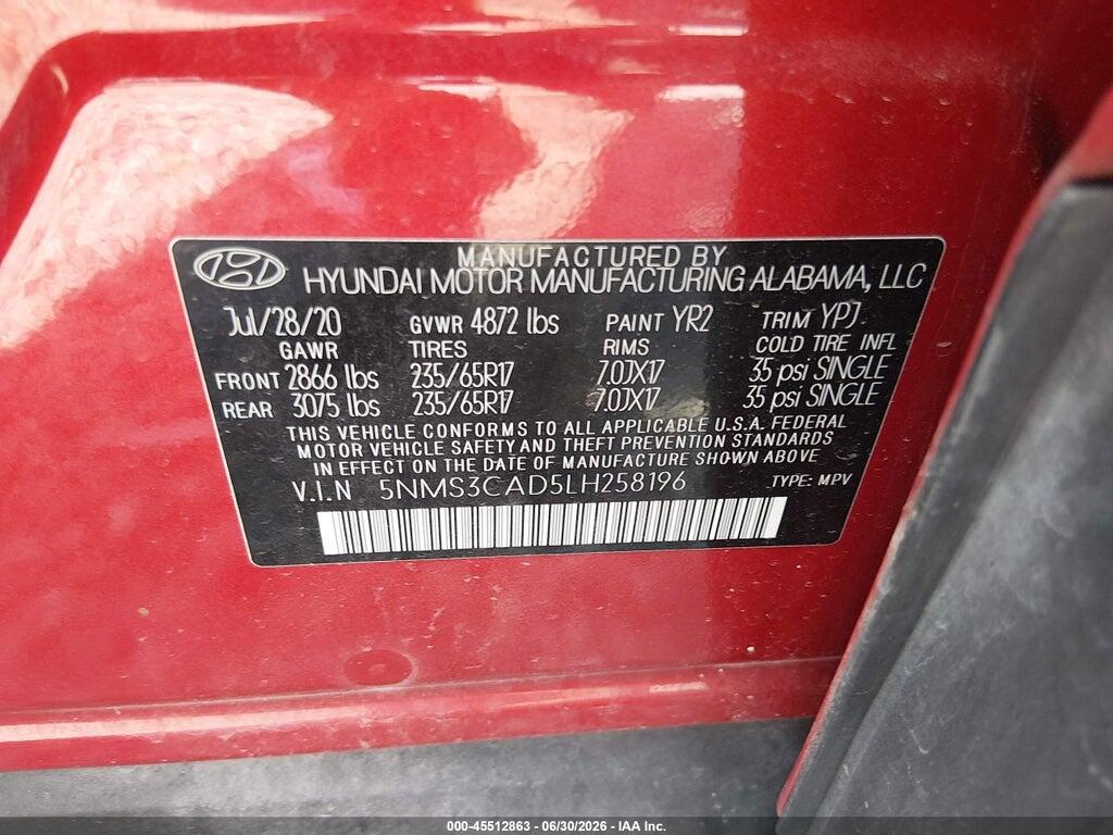 5NMS3CAD5LH258196 2020 HYUNDAI SANTA FE photo no. 9