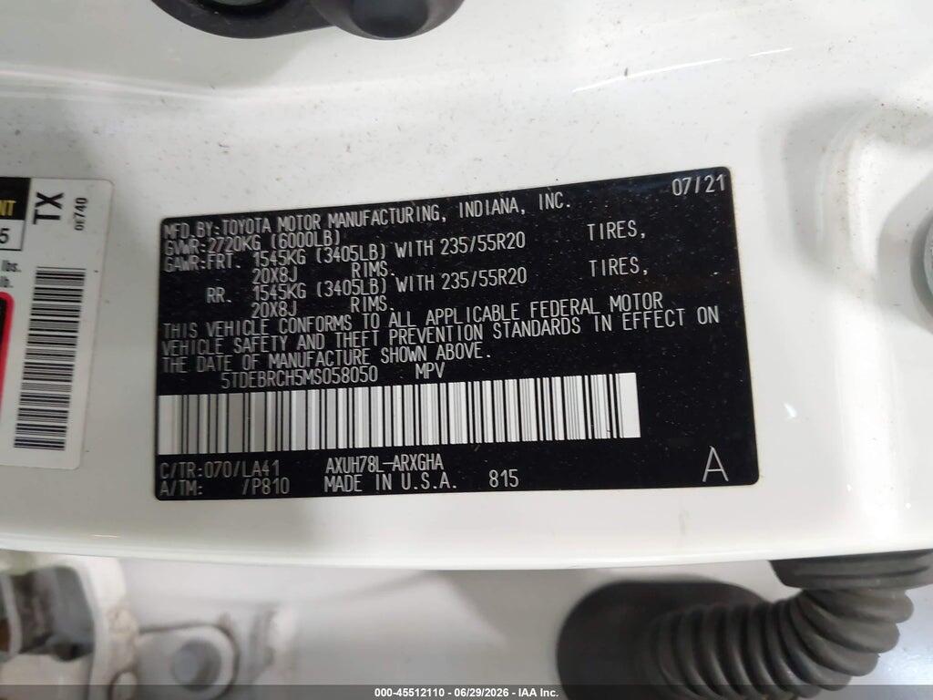5TDEBRCH5MS058050 2021 TOYOTA HIGHLANDER photo no. 9