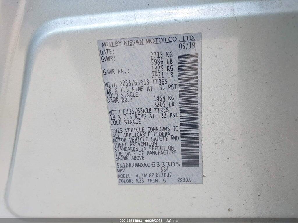 5N1DR2MNXKC633305 2019 NISSAN PATHFINDER photo no. 9
