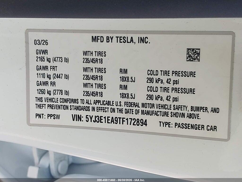 5YJ3E1EA9TF172894 2026 TESLA MODEL 3 photo no. 9