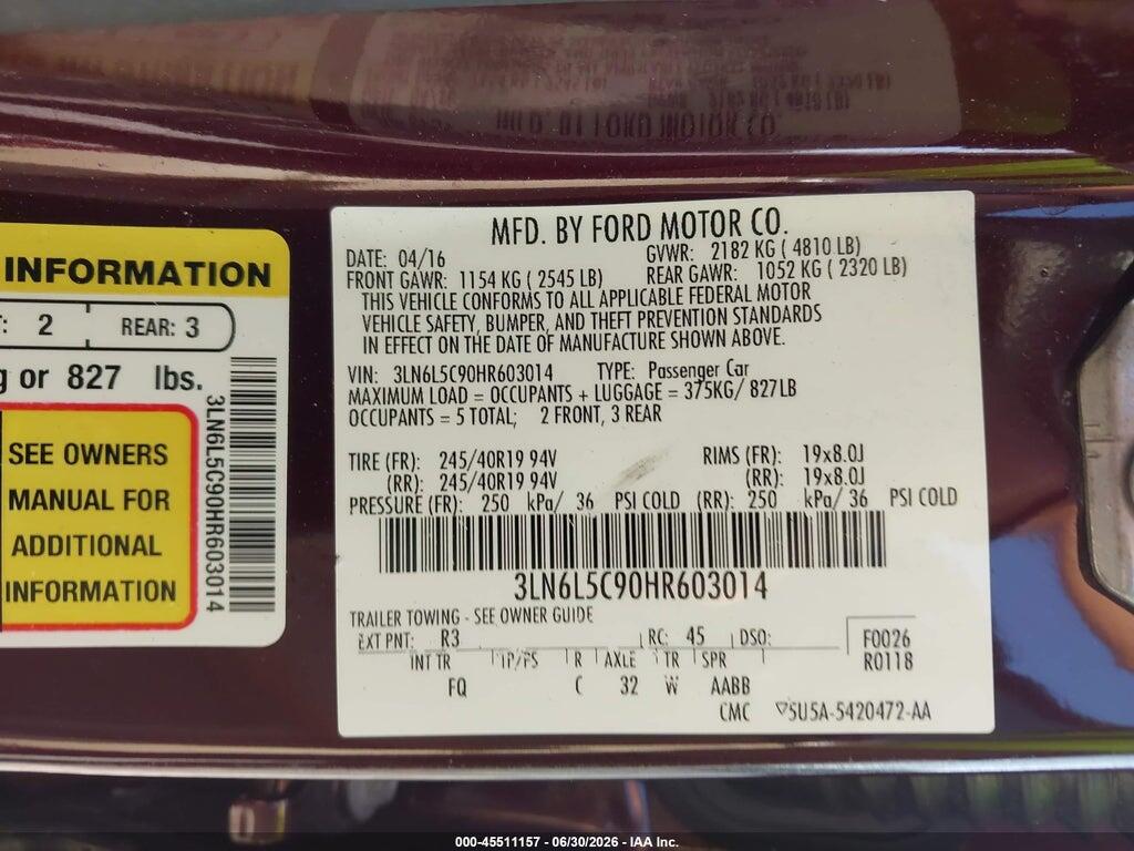 3LN6L5C90HR603014 2017 LINCOLN MKZ photo no. 9