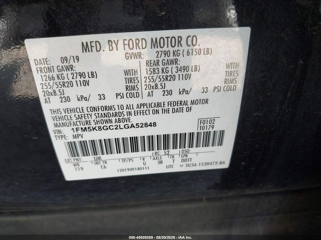 1FM5K8GC2LGA52848 2020 FORD EXPLORER photo no. 9
