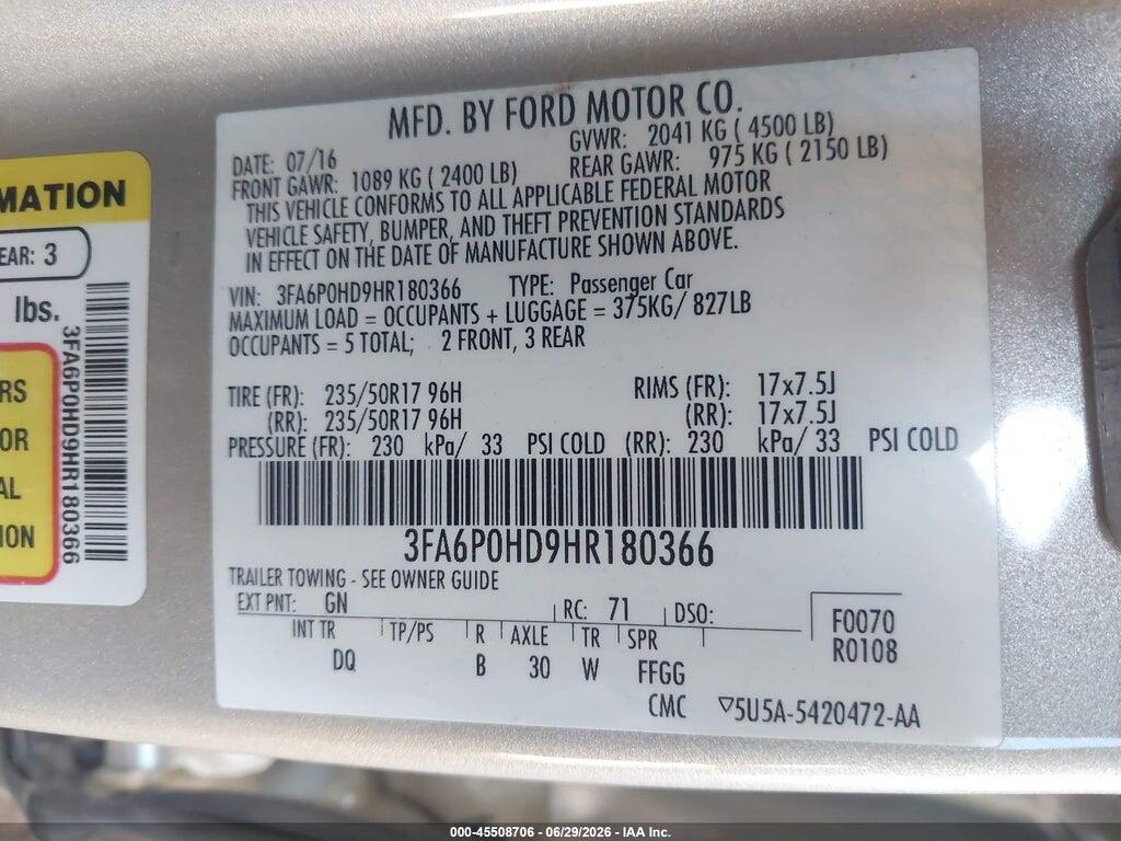 3FA6P0HD9HR180366 2017 FORD FUSION photo no. 9