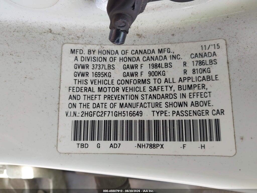 2HGFC2F71GH516649 2016 HONDA CIVIC photo no. 9