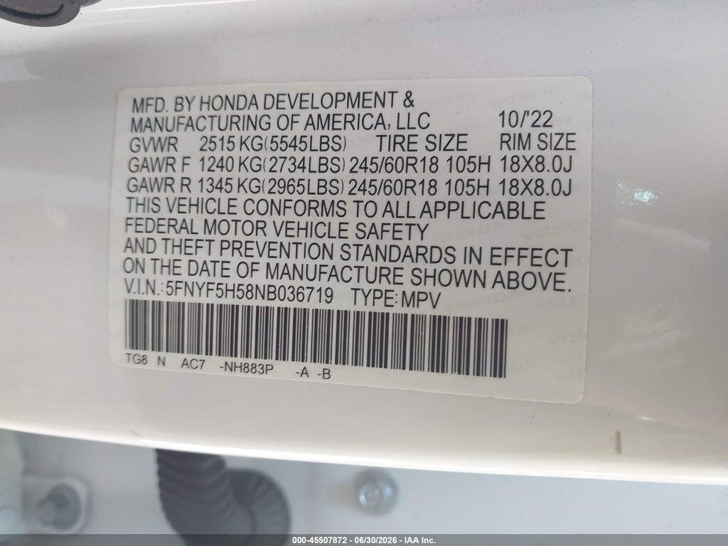 5FNYF5H58NB036719 2022 HONDA PILOT photo no. 9