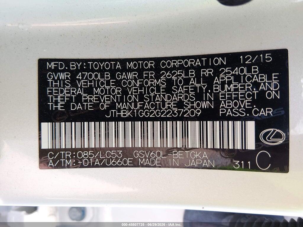 JTHBK1GG2G2237209 2016 LEXUS ES 350 photo no. 9