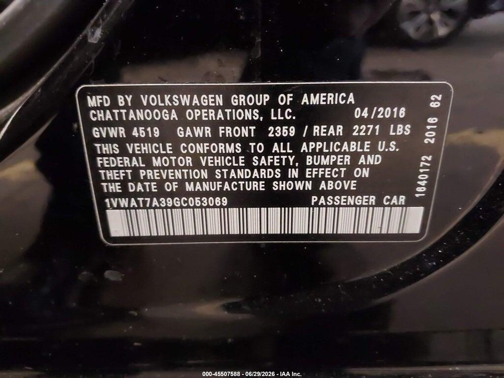 1VWAT7A39GC053069 2016 VOLKSWAGEN PASSAT photo no. 9