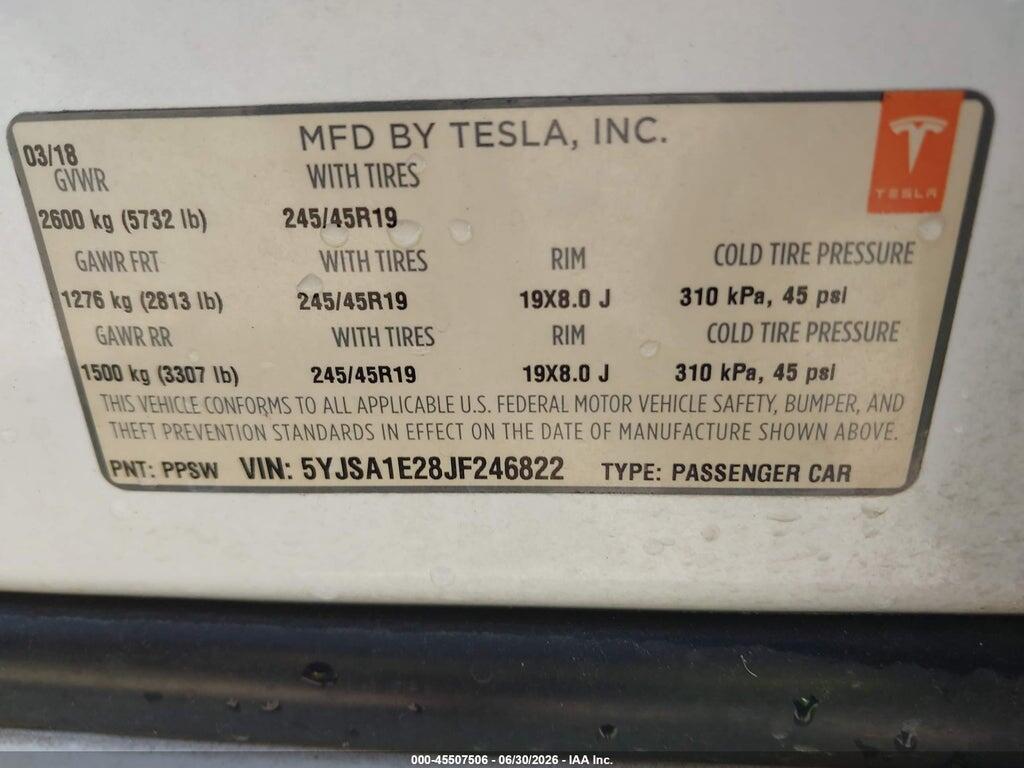 5YJSA1E28JF246822 2018 TESLA MODEL S photo no. 9