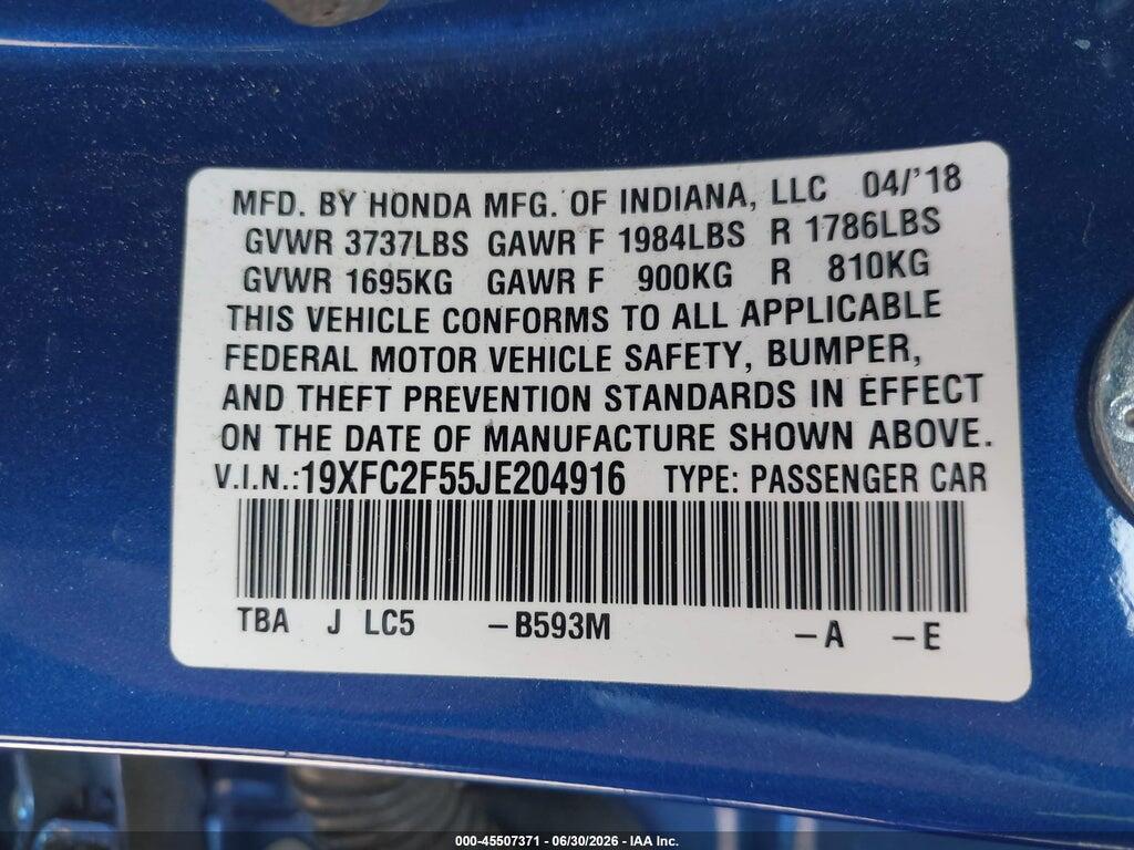 19XFC2F55JE204916 2018 HONDA CIVIC photo no. 9