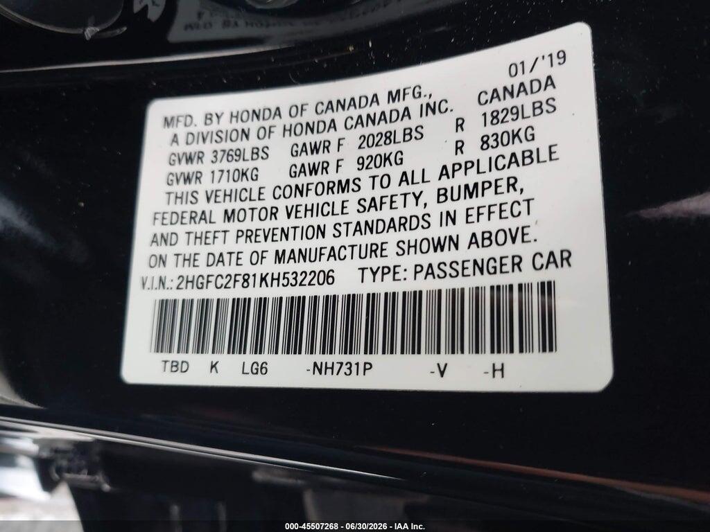 2HGFC2F81KH532206 2019 HONDA CIVIC photo no. 9