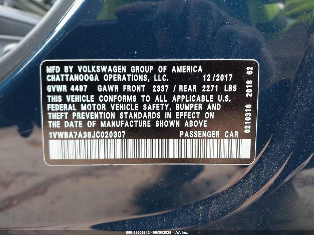 1VWBA7A38JC020307 2018 VOLKSWAGEN PASSAT photo no. 9