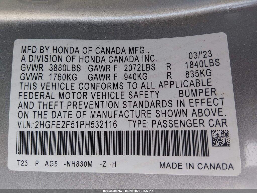 2HGFE2F51PH532116 2023 HONDA CIVIC photo no. 9