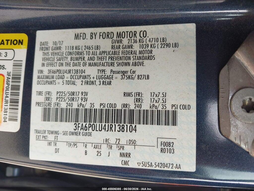 3FA6P0LU4JR138104 2018 FORD FUSION HYBRID photo no. 9