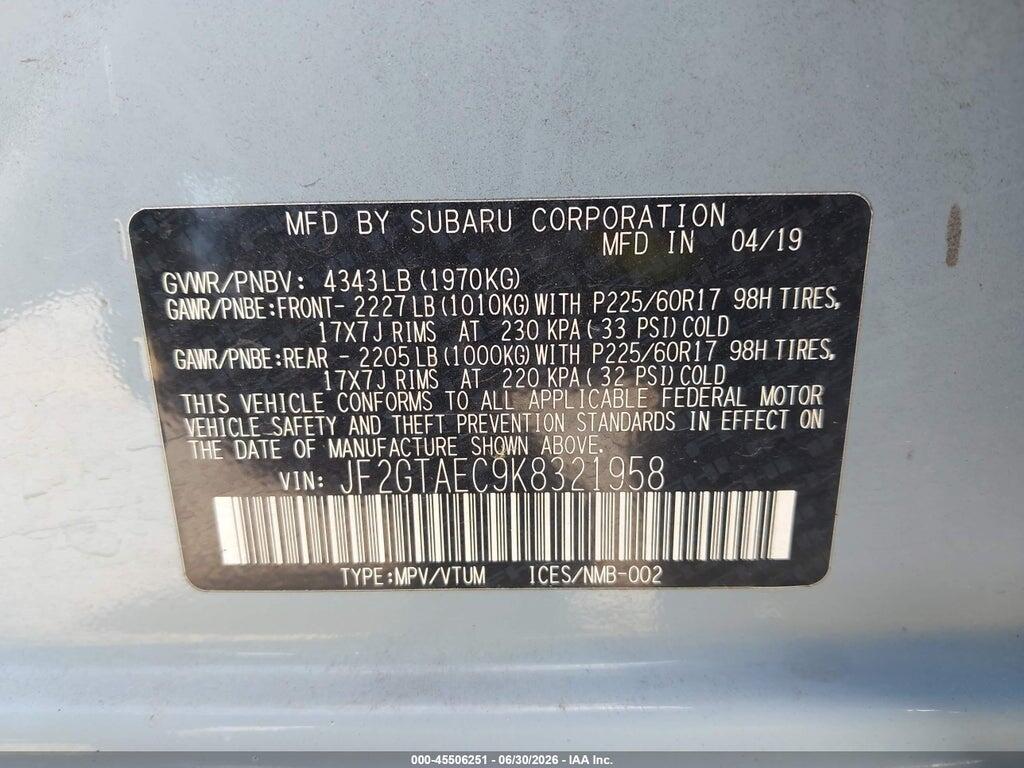 JF2GTAEC9K8321958 2019 SUBARU CROSSTREK photo no. 9