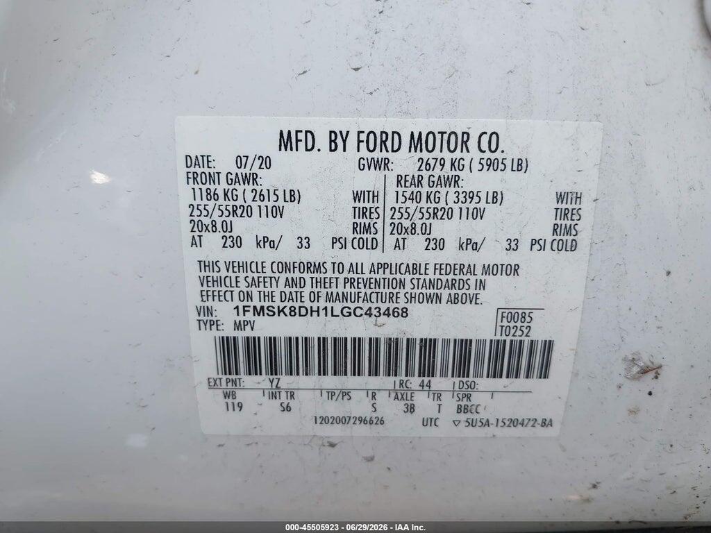 1FMSK8DH1LGC43468 2020 FORD EXPLORER photo no. 9