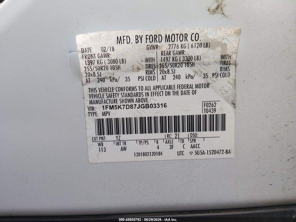 1FM5K7D87JGB03316 2018 FORD EXPLORER photo no. 9