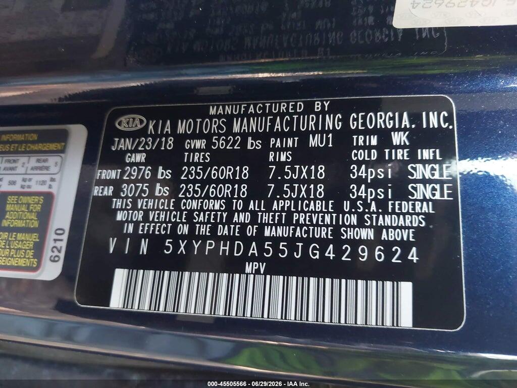 5XYPHDA55JG429624 2018 KIA SORENTO photo no. 9