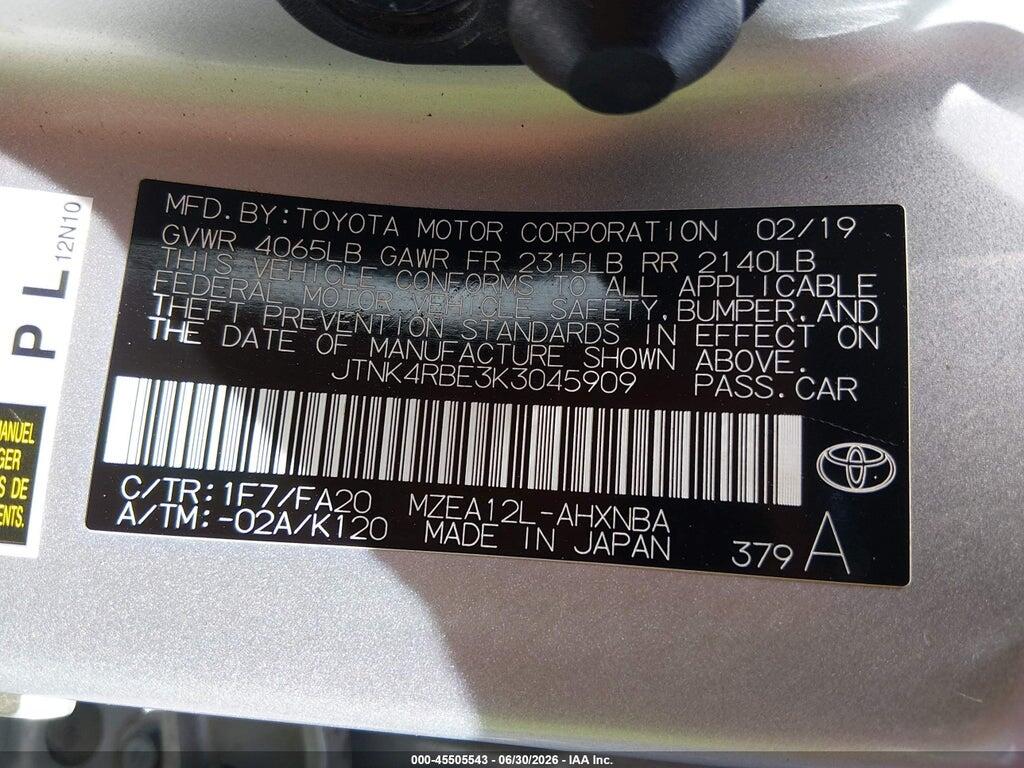 JTNK4RBE3K3045909 2019 TOYOTA COROLLA photo no. 9