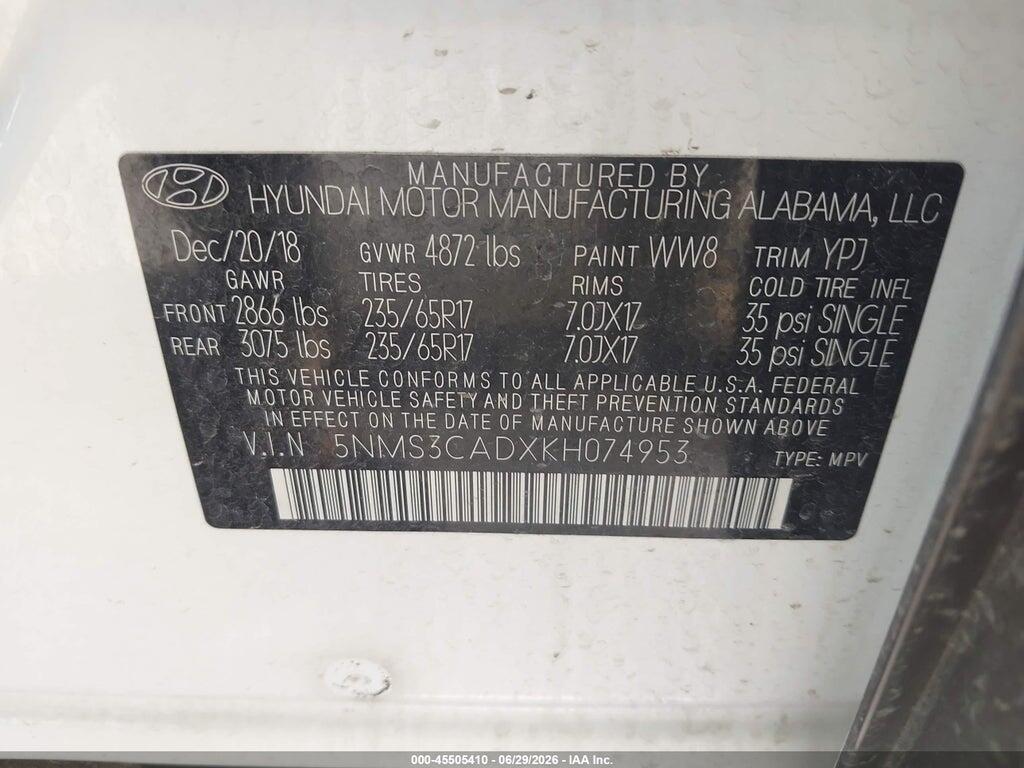 5NMS3CADXKH074953 2019 HYUNDAI SANTA FE photo no. 9