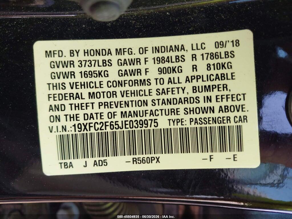 19XFC2F65JE039975 2018 HONDA CIVIC photo no. 9