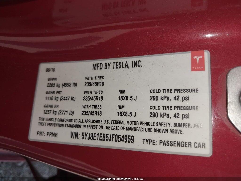 5YJ3E1EB5JF054959 2018 TESLA MODEL 3 photo no. 9