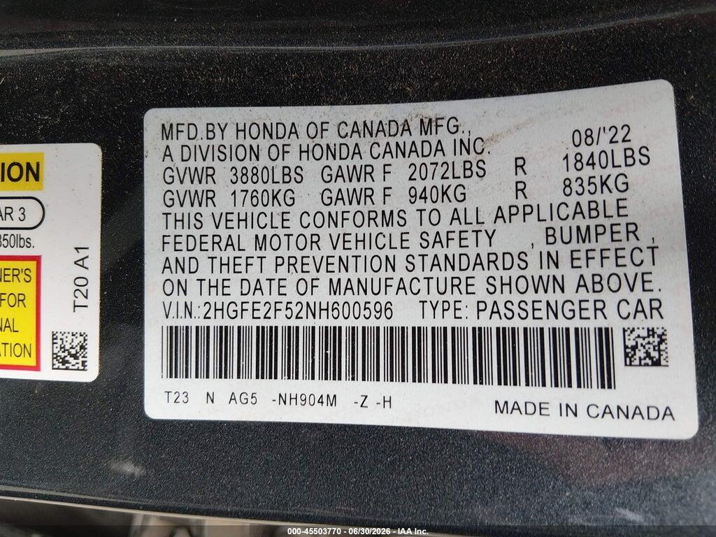 2HGFE2F52NH600596 2022 HONDA CIVIC photo no. 9