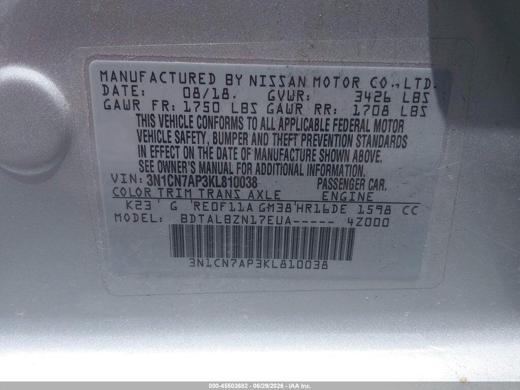 3N1CN7AP3KL810038 2019 NISSAN VERSA photo no. 9