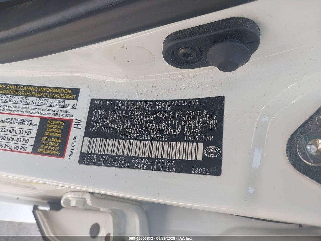 4T1BK1EB4GU216242 2016 TOYOTA AVALON photo no. 9