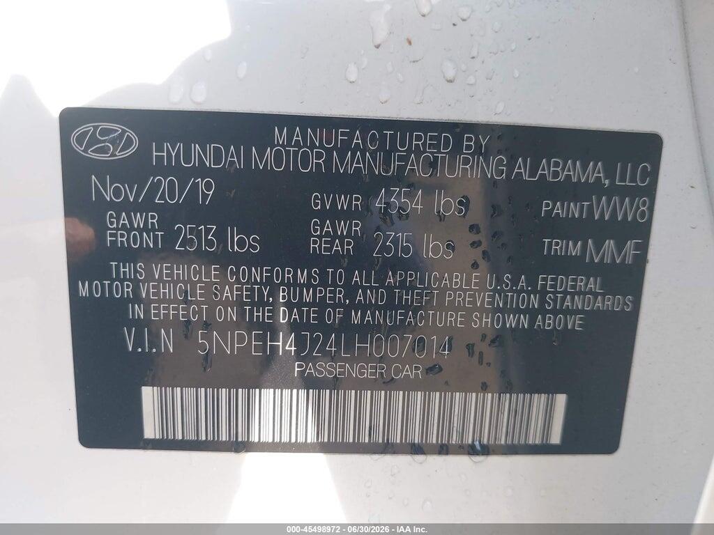 5NPEH4J24LH007014 2020 HYUNDAI SONATA photo no. 9