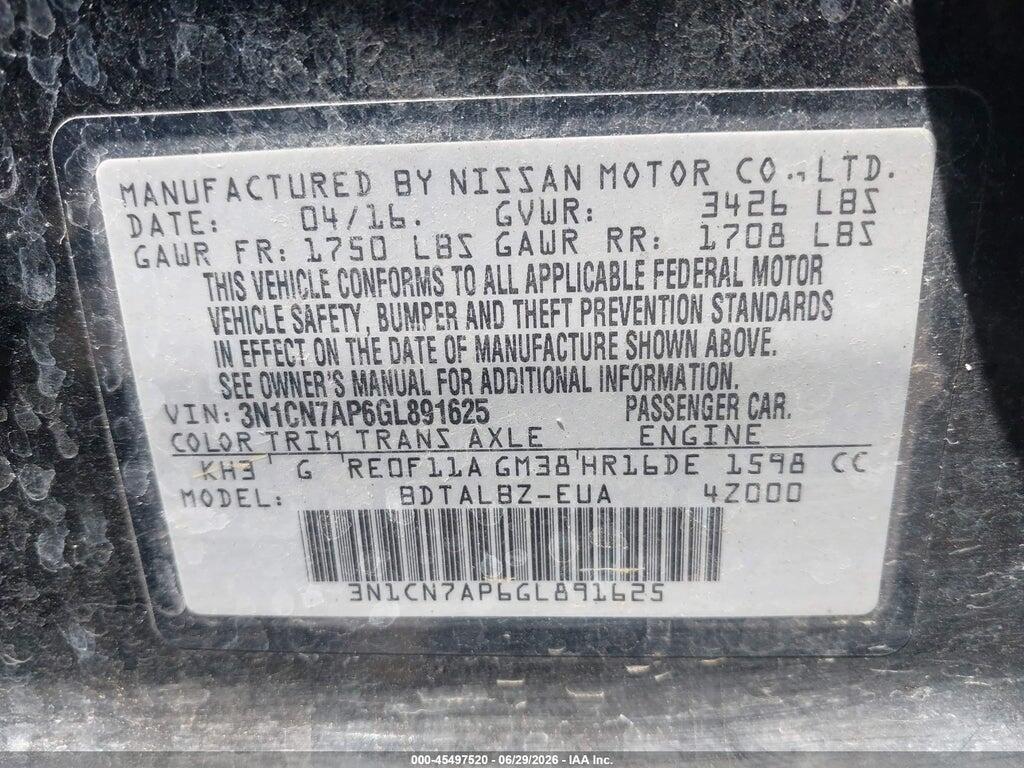 3N1CN7AP6GL891625 2016 NISSAN VERSA photo no. 9