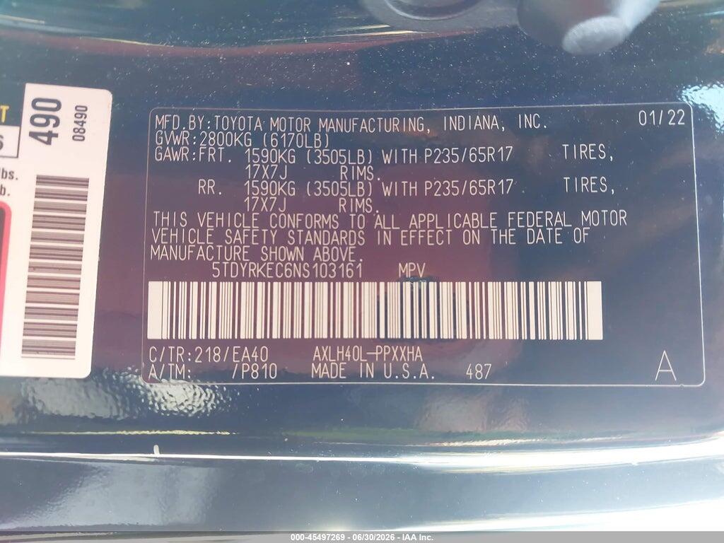 5TDYRKEC6NS103161 2022 TOYOTA SIENNA photo no. 9