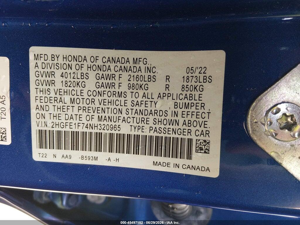 2HGFE1F74NH320965 2022 HONDA CIVIC photo no. 9