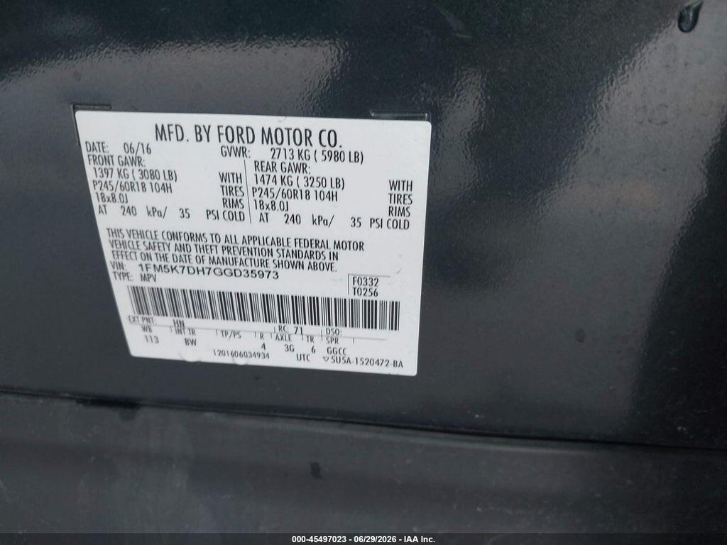 1FM5K7DH7GGD35973 2016 FORD EXPLORER photo no. 9