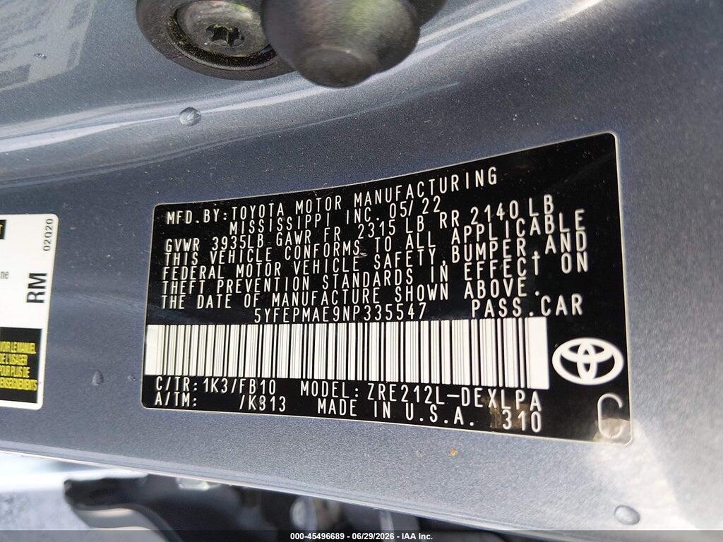 5YFEPMAE9NP335547 2022 TOYOTA COROLLA photo no. 9