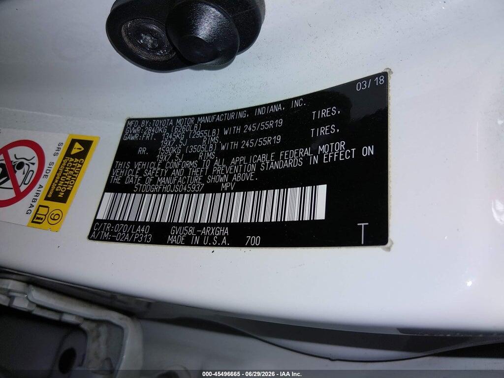 5TDDGRFH0JS045937 2018 TOYOTA HIGHLANDER HYBRID photo no. 9