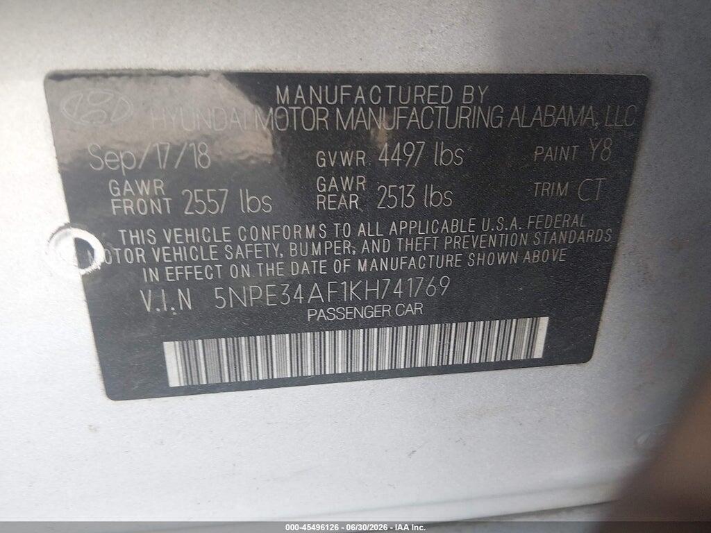 5NPE34AF1KH741769 2019 HYUNDAI SONATA photo no. 9
