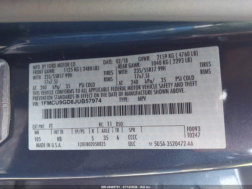 1FMCU9GD8JUB57974 2018 FORD ESCAPE photo no. 9