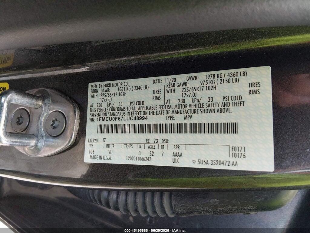 1FMCU0F67LUC48994 2020 FORD ESCAPE photo no. 9