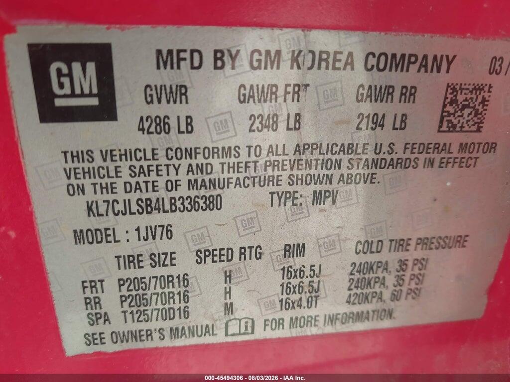 KL7CJLSB4LB336380 2020 CHEVROLET TRAX photo no. 9